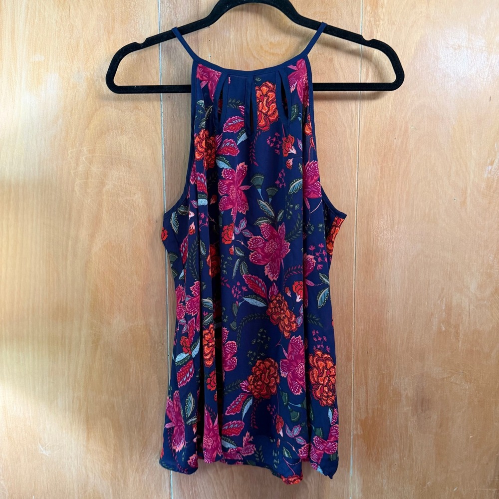 Papermoon Navy‎ Blue Floral Halter Neck Keyhole Sleeveless Blouse Top XL